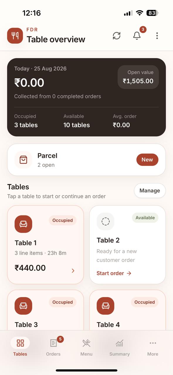 T-Order tables screen